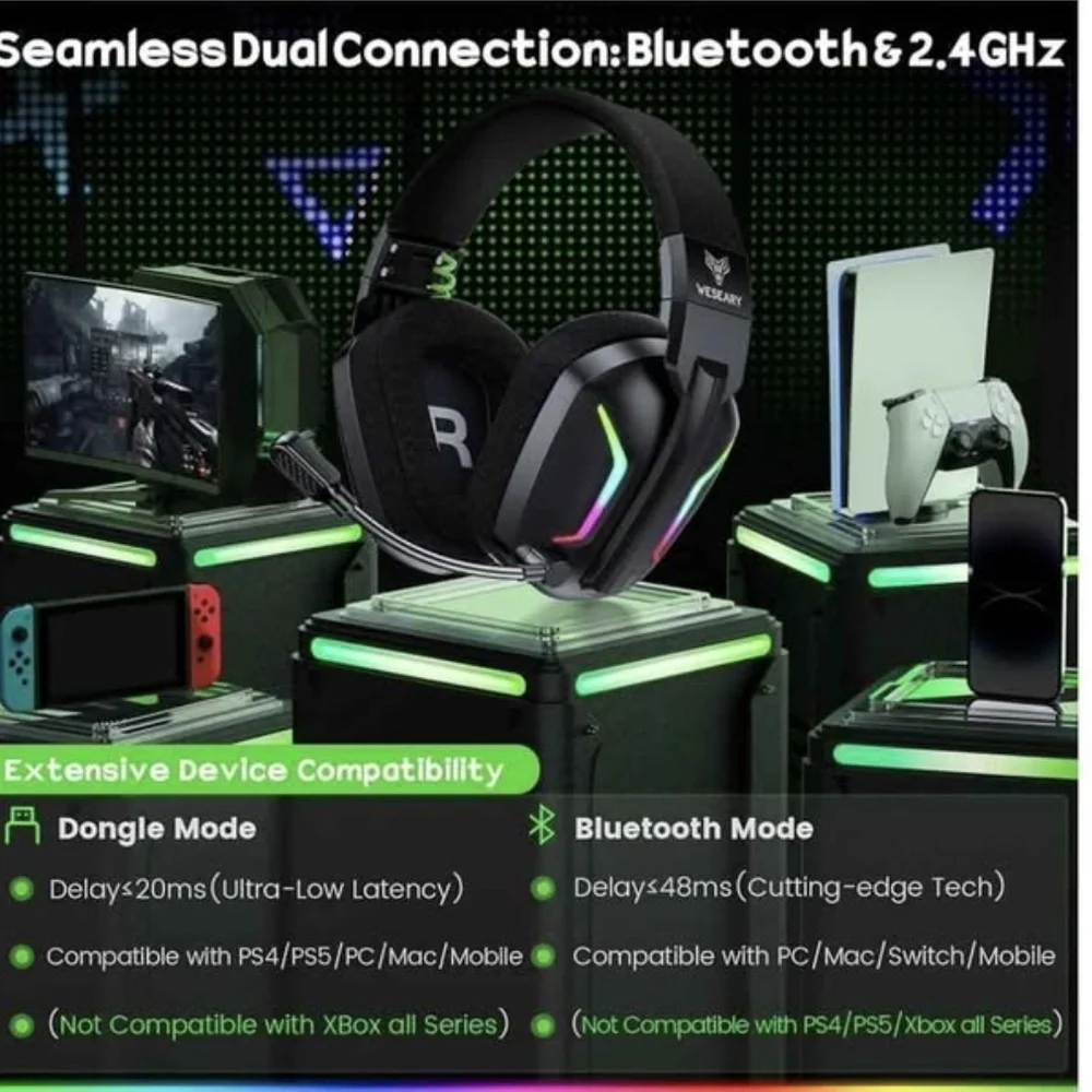 wireless Black Gaming Headset with RGB Lighting